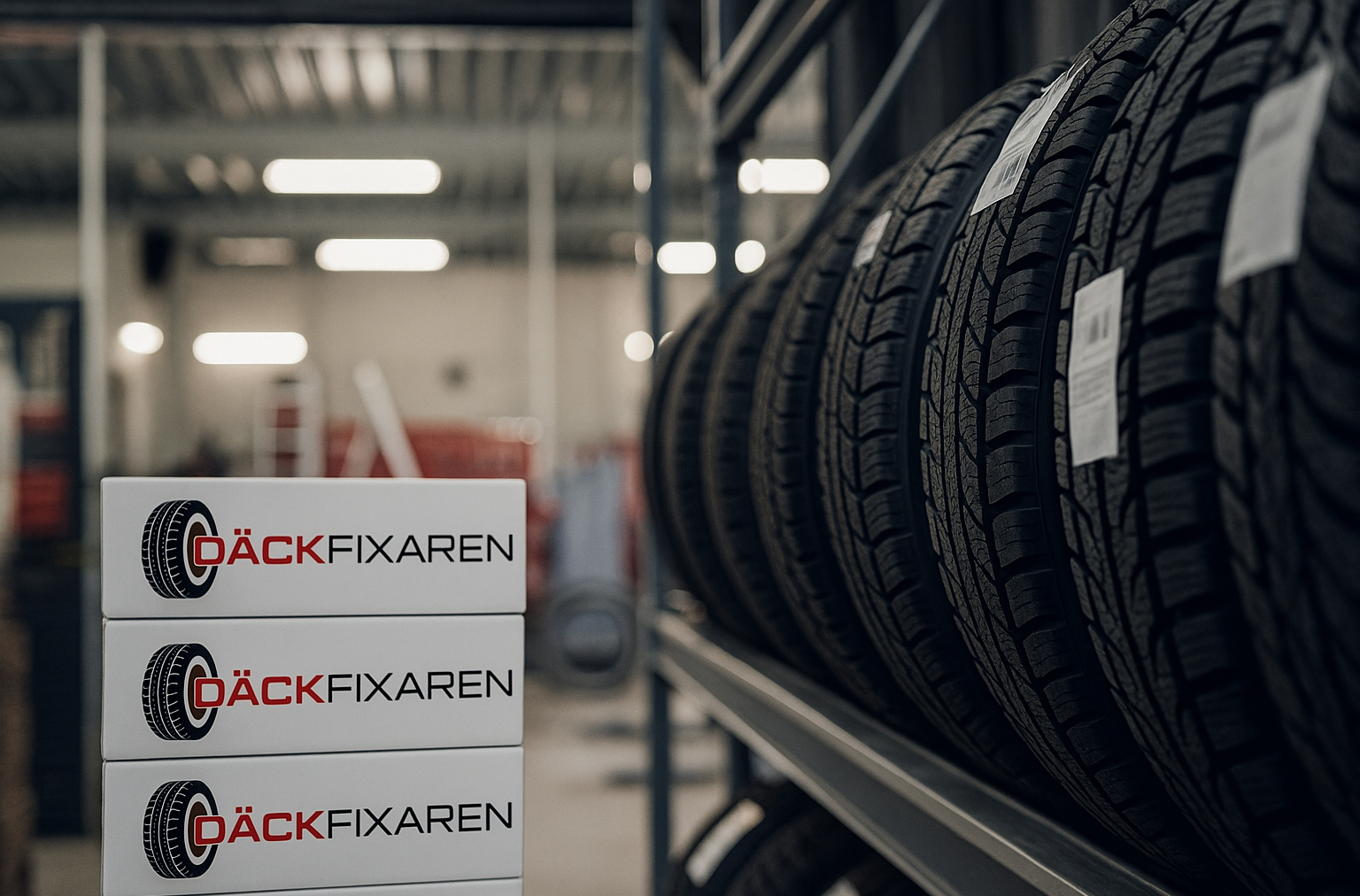 En bild på däckverkstaden i Uppsala. Bilden är inifrån med lådor och hjul.